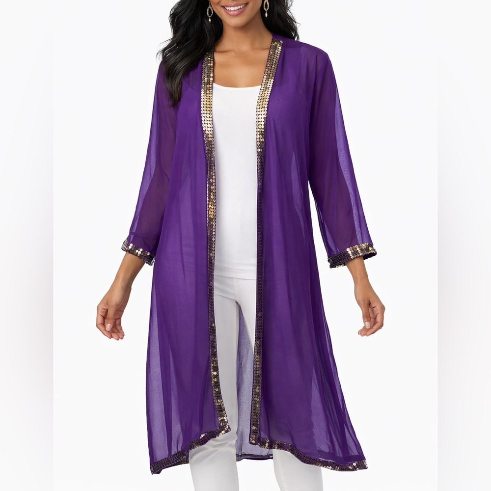 Ashro Purple Sheer Sequin Trim Duster Kimono Cardigan Women’s Open Front NWT